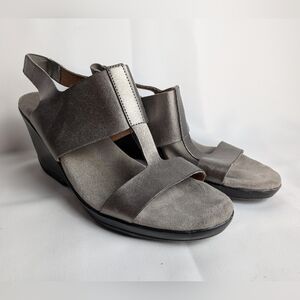 NATURALIZER Everest Leather Wedge Silver Sandals Size 8.5 Black Heel